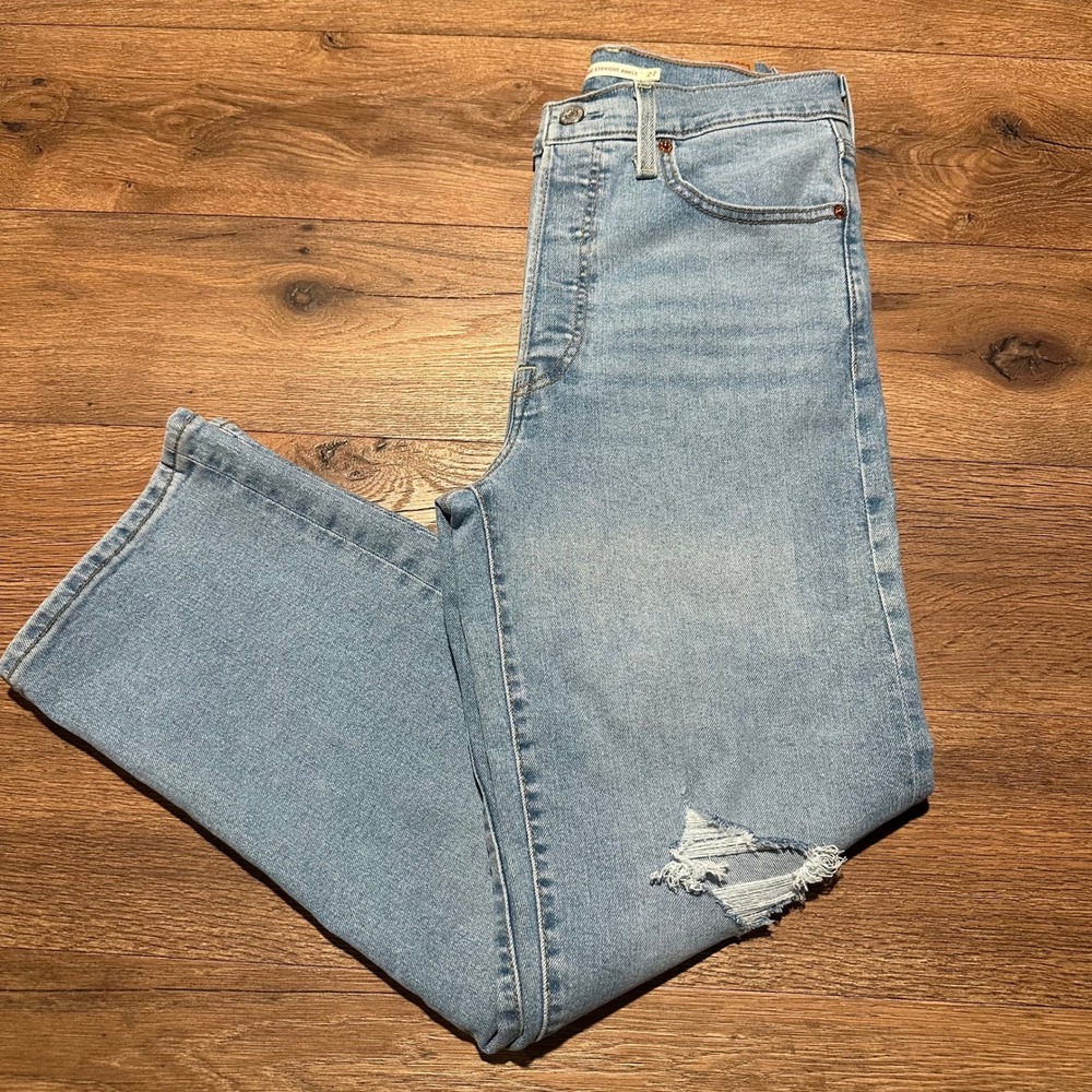 Levis Ribcage Straight Ankle Jeans Womens 27 Light Wash Distressed Button Fly
